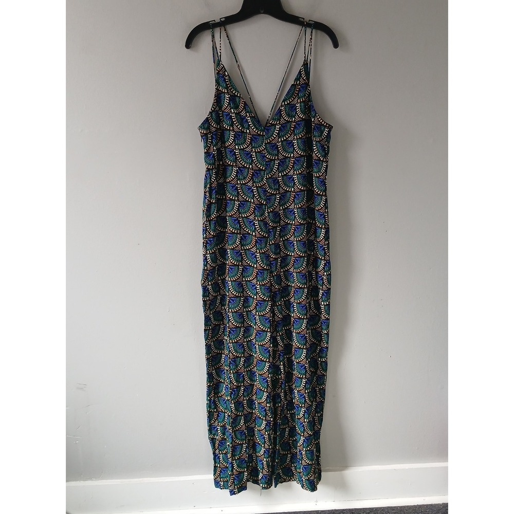 Silk & Salt Women's‎ Medium Jumpsuit Blue Geometric Fan Print Wide Leg Low Back